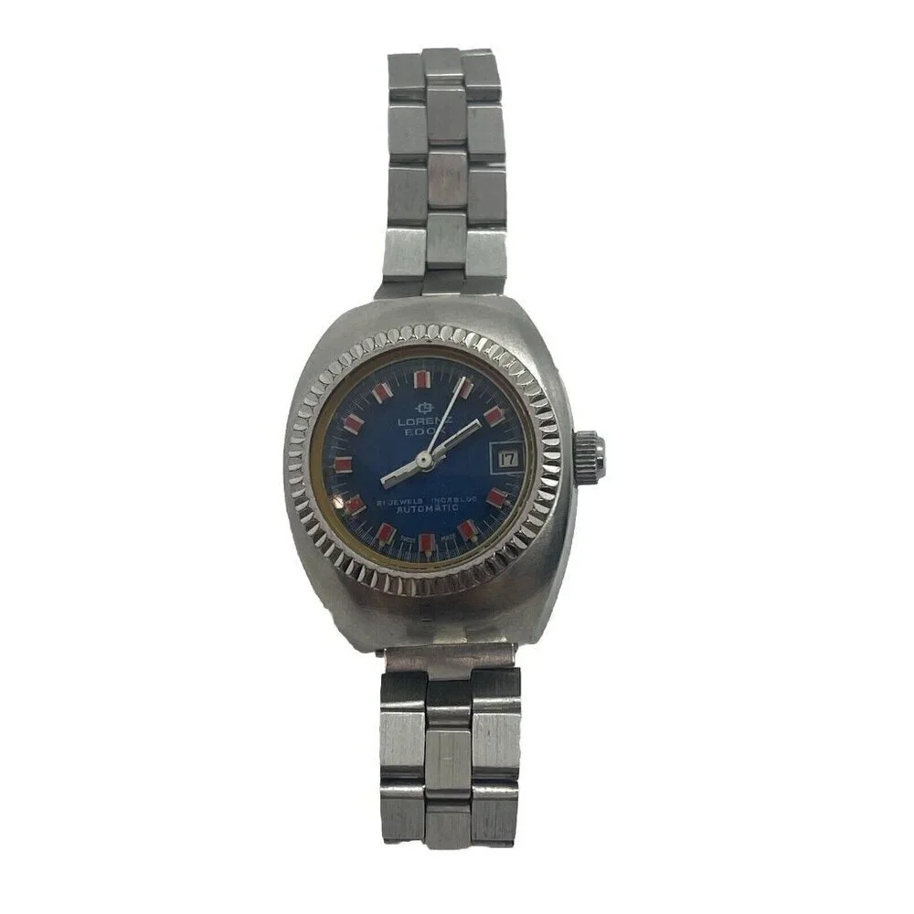 Lorenz Edox Watch 21 Jewel Incabloc Automatic Blue Face Date All Stainless Steel